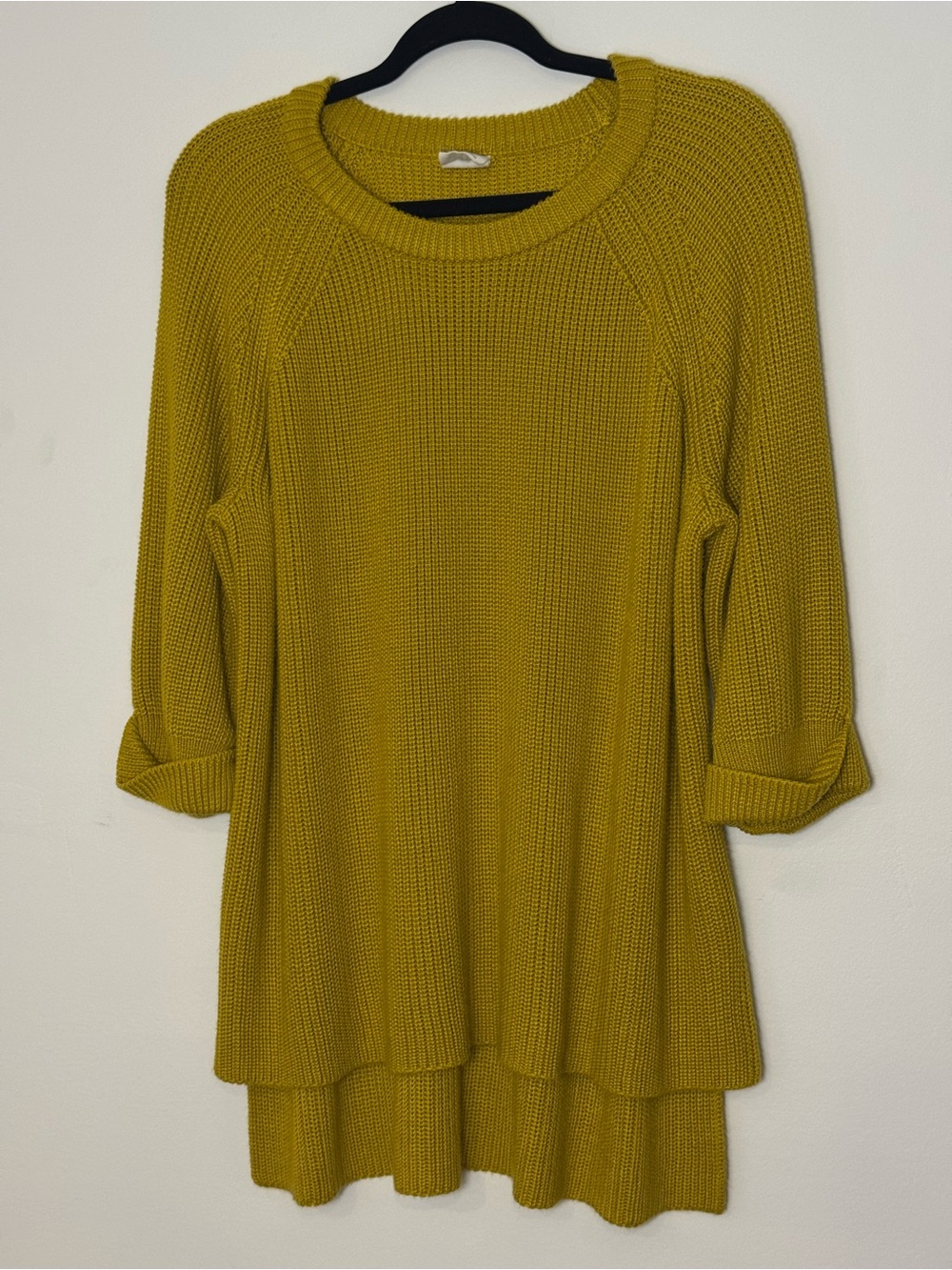 MOTE Mustard Yellow Ribbed High-Low Tunic Sweater L 3/4 Cuffed Sleeve Oversized